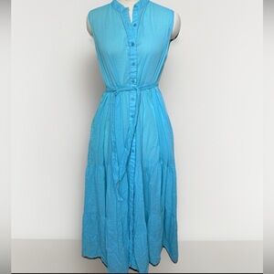 Antica Sartoria Womens Turquoise Blue Maxi Dress Belted Button Front Cotton S M